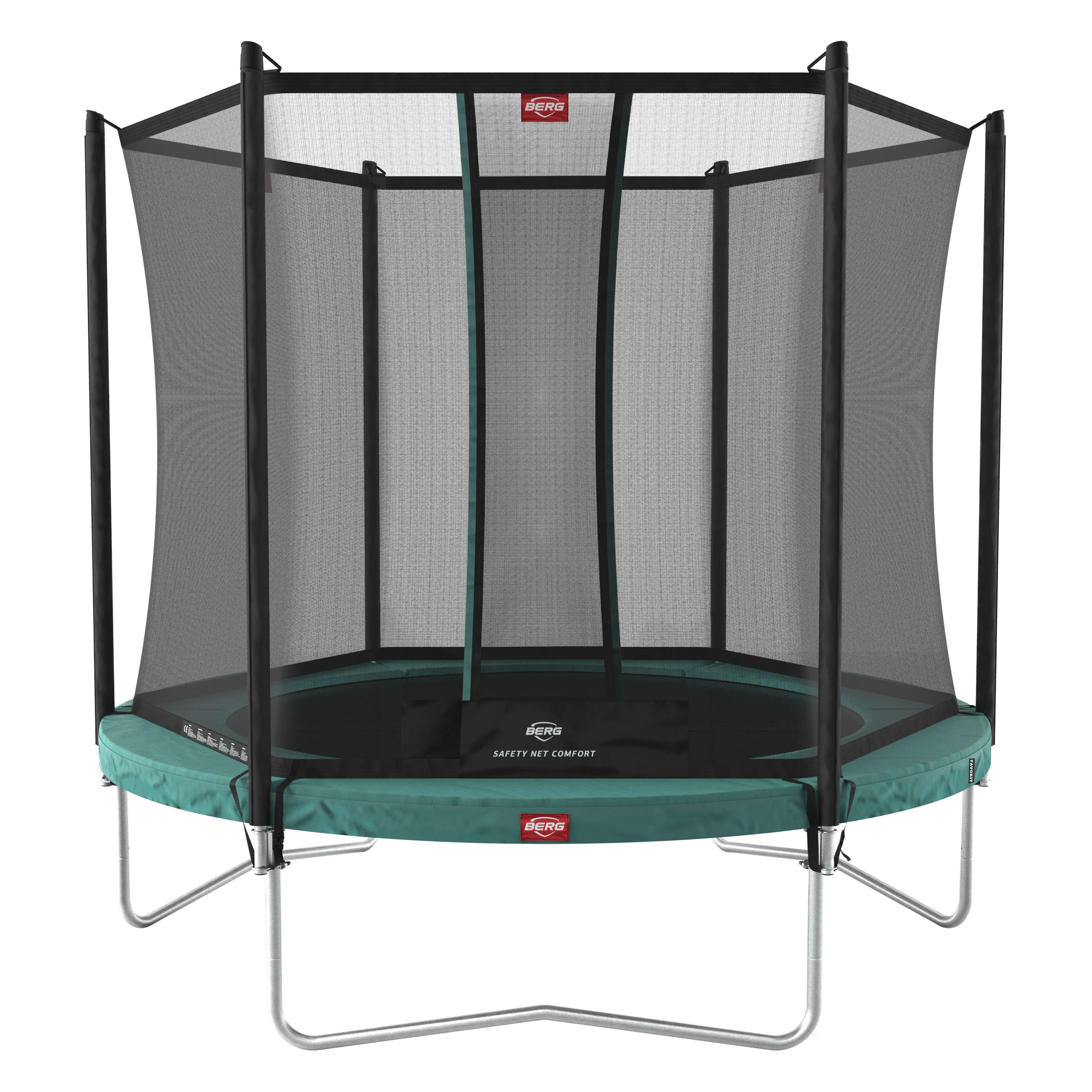 BERG Favorit Regular 330 Green — Round trampoline with safety net in a garden